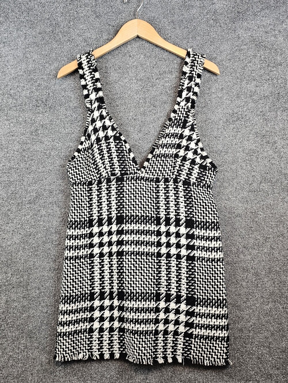 ZARA Plaid Tweed Deep V-Neck Babydoll Pinafore Mini Dress